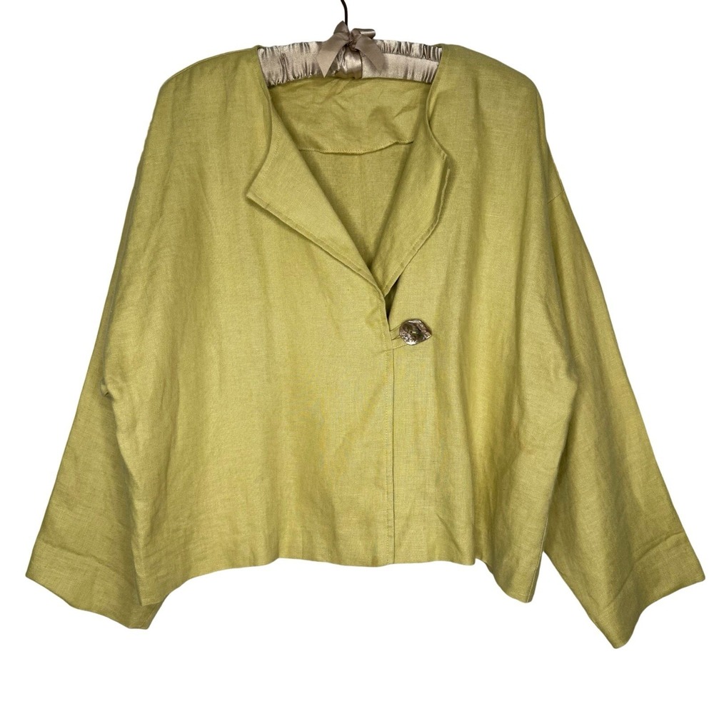 Elliott Lauren Linen Jacket Vintage Large Lagenlook Boxy Chartreuse USA Made